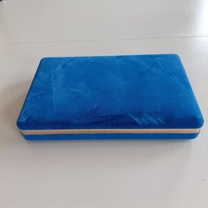 Vintage Blue Velvet Jewelry Box Clamshell Mirror Divided MCM